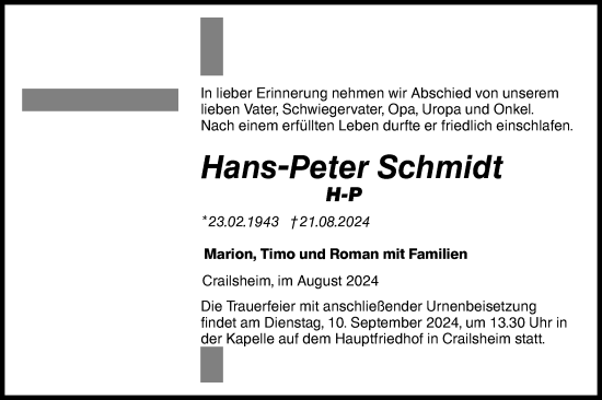 Traueranzeige von Hans-Peter Schmidt von Hohenloher Tagblatt