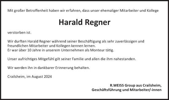 Traueranzeige von Harald Regner von Hohenloher Tagblatt