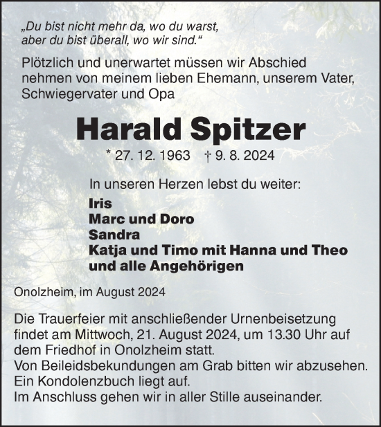 Traueranzeige von Harald Spitzer von Hohenloher Tagblatt