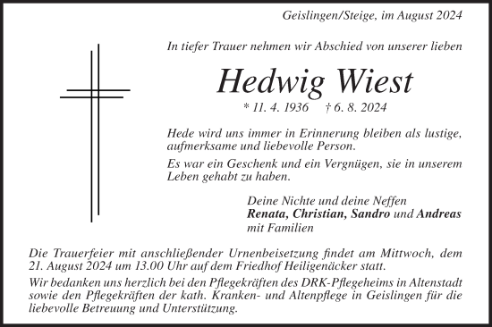 Traueranzeige von Hedwig Wiest von Geislinger Zeitung