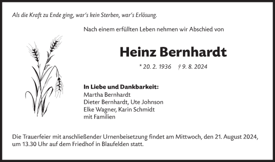 Traueranzeige von Heinz Bernhardt von Hohenloher Tagblatt