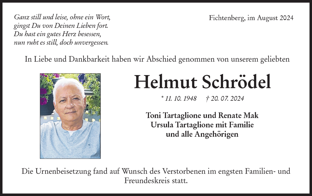  Traueranzeige für Helmut Schrödel vom 03.08.2024 aus Rundschau Gaildorf