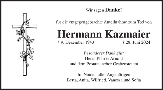 Traueranzeige von Hermann Kazmaier von Alb-Bote/Metzinger-Uracher Volksblatt