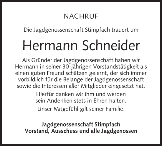 Traueranzeige von Hermann Schneider von Hohenloher Tagblatt