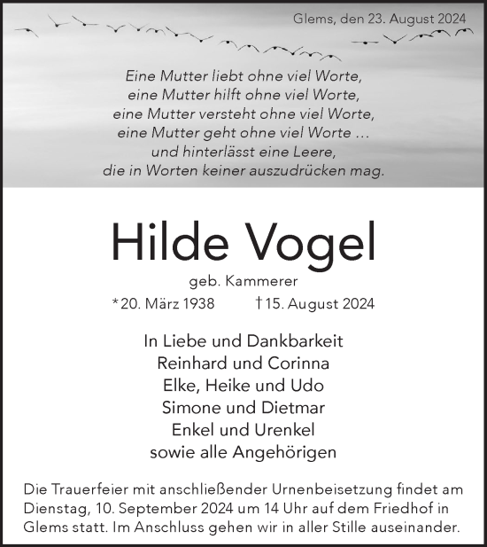 Traueranzeige von Hilde Vogel von Alb-Bote/Metzinger-Uracher Volksblatt