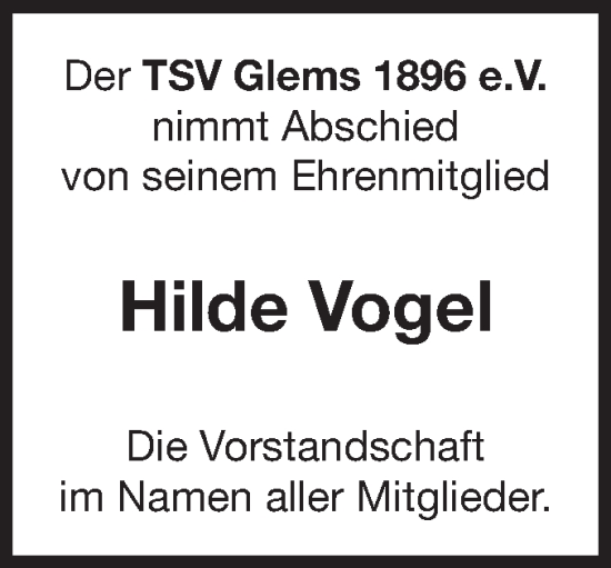 Traueranzeige von Hilde Vogel von Alb-Bote/Metzinger-Uracher Volksblatt