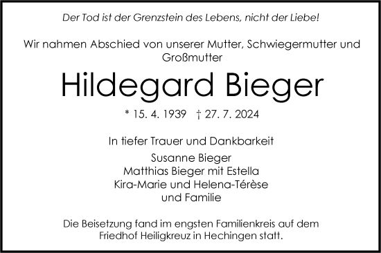 Traueranzeige von Hildegard Bieger von SÜDWEST PRESSE Zollernalbkreis/Hohenzollerische Zeitung