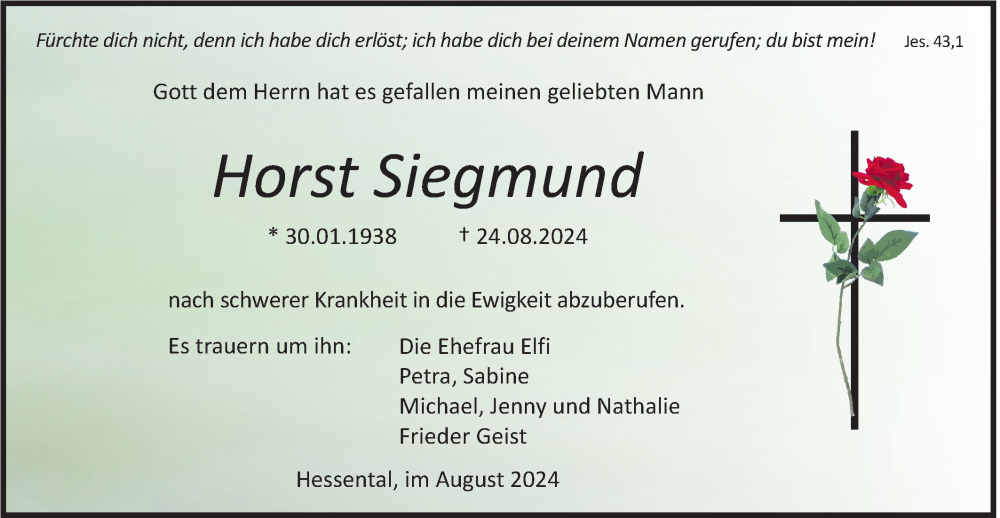  Traueranzeige für Horst Siegmund vom 31.08.2024 aus Haller Tagblatt