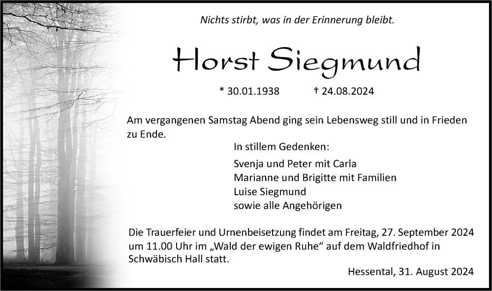  Traueranzeige für Horst Siegmund vom 31.08.2024 aus Haller Tagblatt