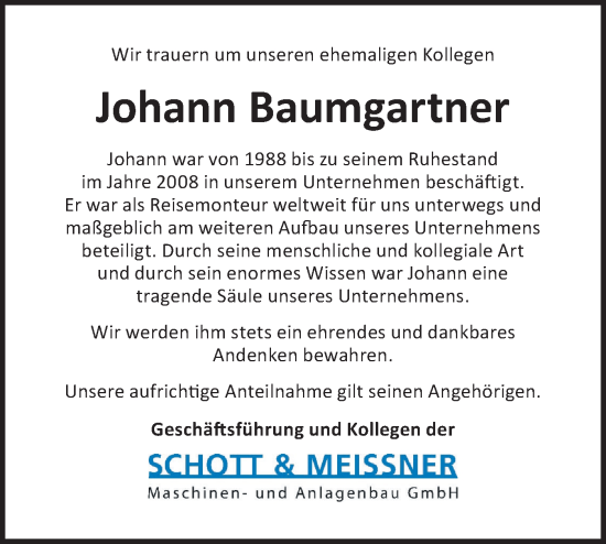 Traueranzeige von Johann Baumgartner von Hohenloher Tagblatt