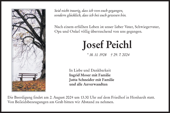 Traueranzeige von Josef Peichl von Hohenloher Tagblatt