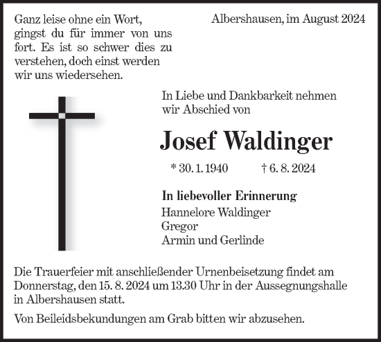 Traueranzeige von Josef Waldinger von NWZ Neue Württembergische Zeitung