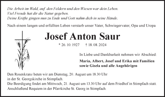 Traueranzeige von Josef Anton Saur von Hohenloher Tagblatt