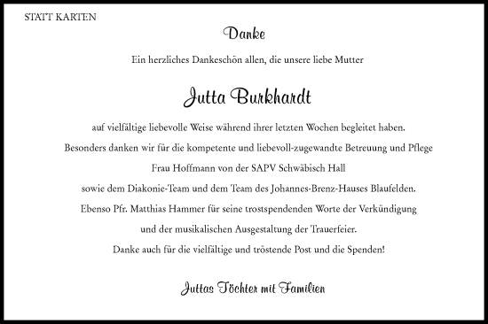 Traueranzeige von Jutta Burkhardt von Hohenloher Tagblatt