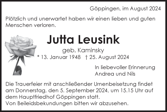 Traueranzeige von Jutta Leusink von NWZ Neue Württembergische Zeitung