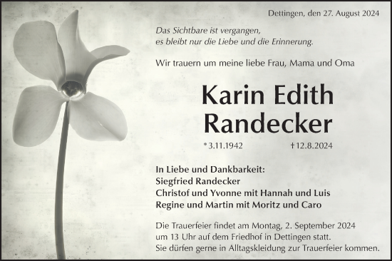 Traueranzeige von Karin Edith Randecker von Alb-Bote/Metzinger-Uracher Volksblatt