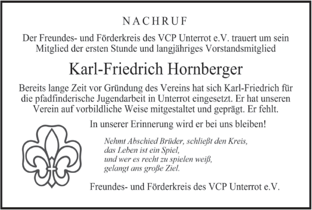  Traueranzeige für Karl-Friedrich Hornberger vom 26.08.2024 aus Rundschau Gaildorf