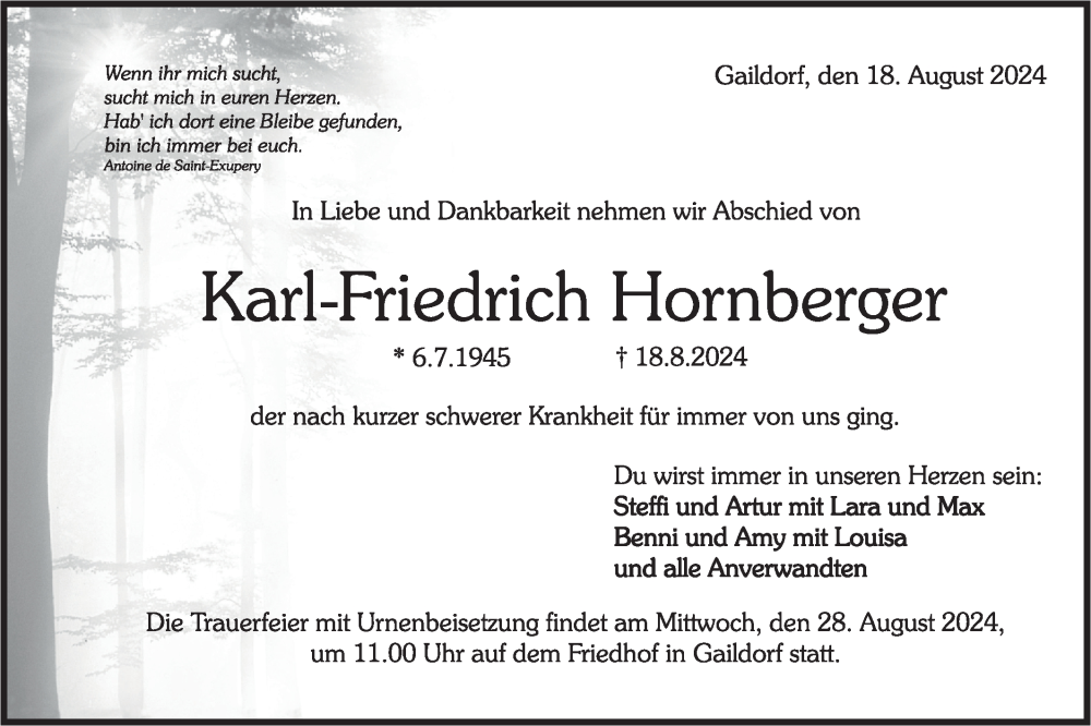  Traueranzeige für Karl-Friedrich Hornberger vom 24.08.2024 aus Rundschau Gaildorf