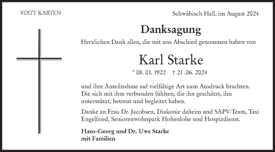 Traueranzeige von Karl Starke von Haller Tagblatt