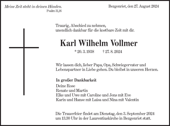 Traueranzeige von Karl Wilhelm Vollmer von NWZ Neue Württembergische Zeitung