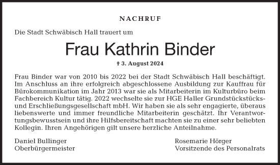 Traueranzeige von Kathrin Binder von Haller Tagblatt