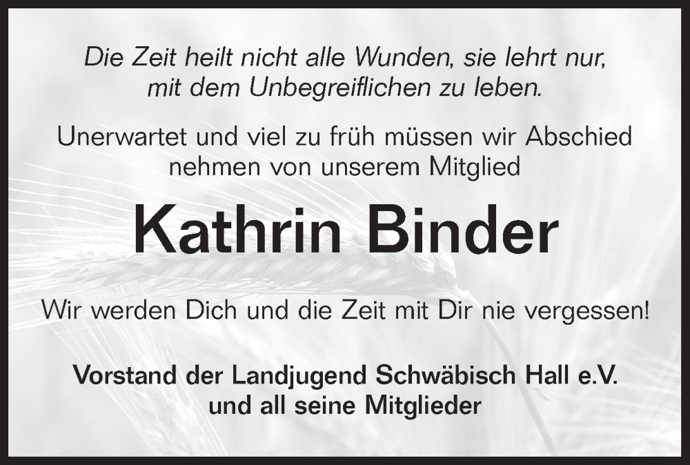  Traueranzeige für Kathrin Binder vom 07.08.2024 aus Haller Tagblatt