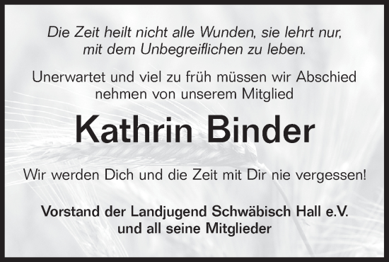 Traueranzeige von Kathrin Binder von Haller Tagblatt