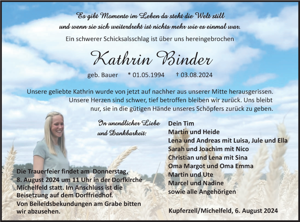  Traueranzeige für Kathrin Binder vom 06.08.2024 aus Haller Tagblatt