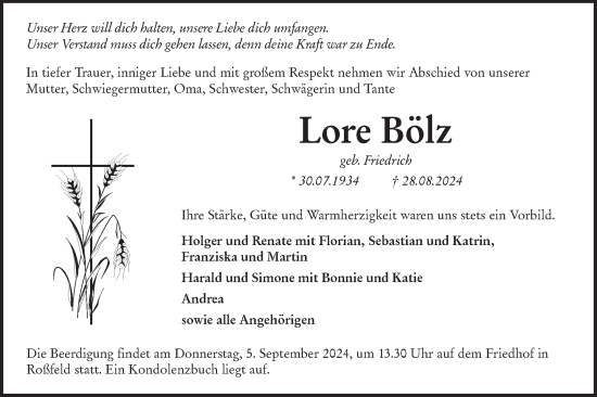 Traueranzeige von Lore Bölz von Hohenloher Tagblatt