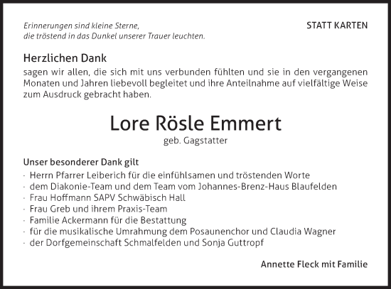 Traueranzeige von Lore Rösle Emmert von Hohenloher Tagblatt