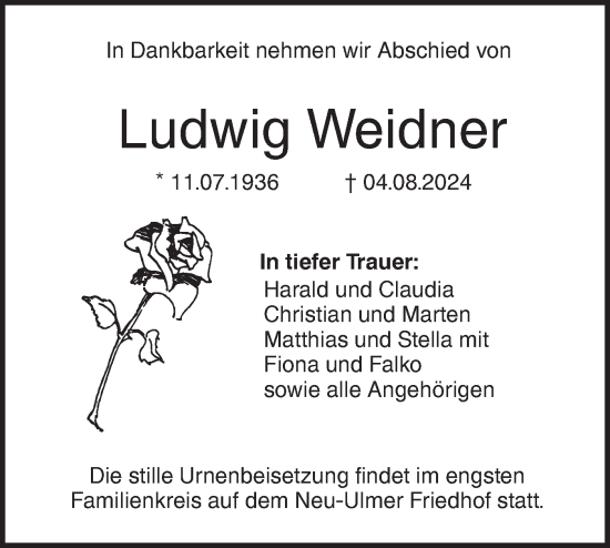 Traueranzeige von Ludwig Weidner von SÜDWEST PRESSE Ausgabe Ulm/Neu-Ulm