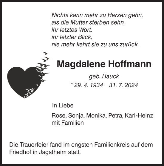 Traueranzeige von Magdalene Hoffmann von Hohenloher Tagblatt