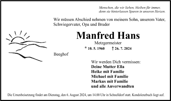 Traueranzeige von Manfred Hans von Hohenloher Tagblatt