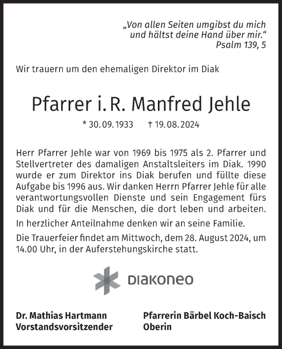 Traueranzeige von Manfred Jehle von Haller Tagblatt