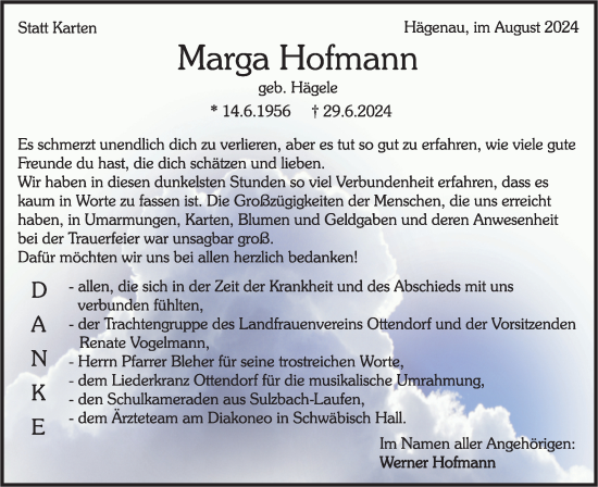 Traueranzeige von Marga Hofmann von Rundschau Gaildorf