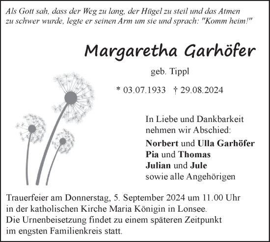 Traueranzeige von Margaretha Garhöfer von Geislinger Zeitung