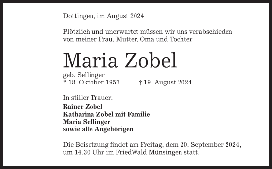 Traueranzeige von Maria Zobel von Alb-Bote/Metzinger-Uracher Volksblatt