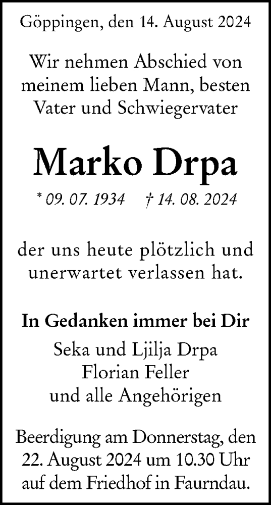 Traueranzeige von Marko Drpa von NWZ Neue Württembergische Zeitung