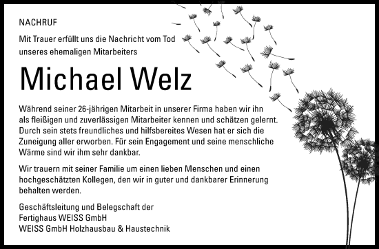 Traueranzeige von Michael Welz von Rundschau Gaildorf