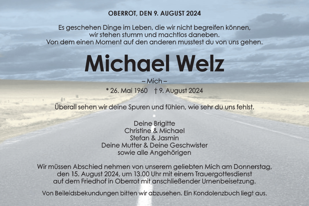  Traueranzeige für Michael Welz vom 13.08.2024 aus Rundschau Gaildorf