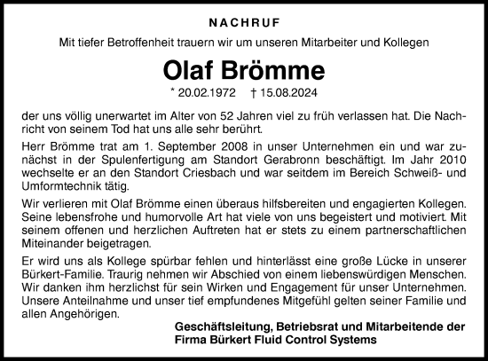 Traueranzeige von Olaf Brömme von Hohenloher Tagblatt