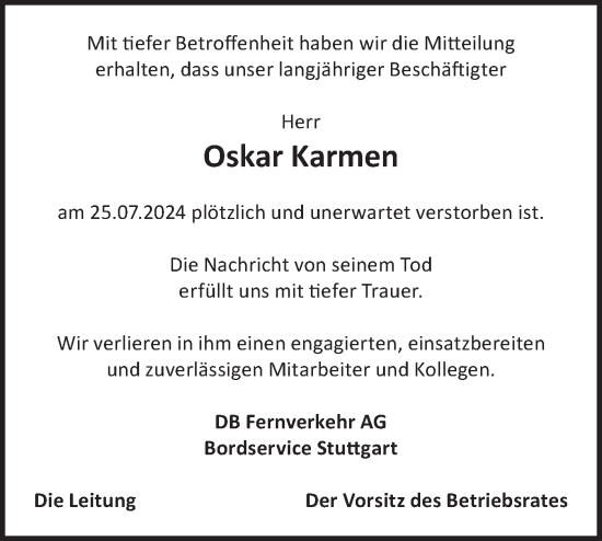 Traueranzeige von Oskar Karmen von Hohenloher Tagblatt