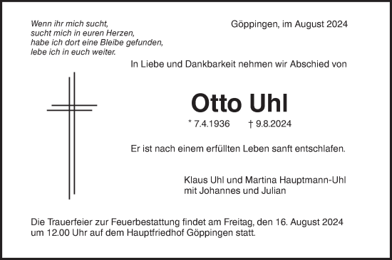 Traueranzeige von Otto Uhl von SÜDWEST PRESSE Ausgabe Ulm/Neu-Ulm