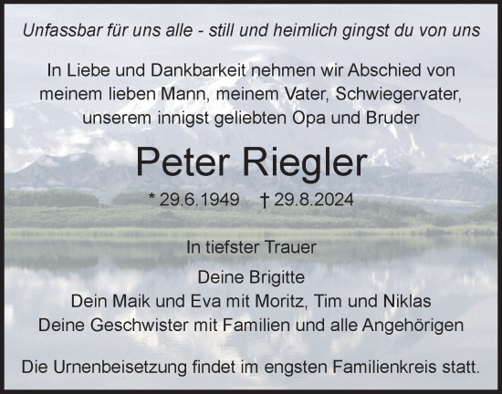 Traueranzeige von Peter Riegler von SÜDWEST PRESSE Ausgabe Ulm/Neu-Ulm