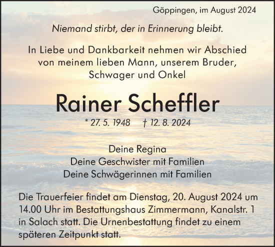 Traueranzeige von Rainer Scheffler von NWZ Neue Württembergische Zeitung