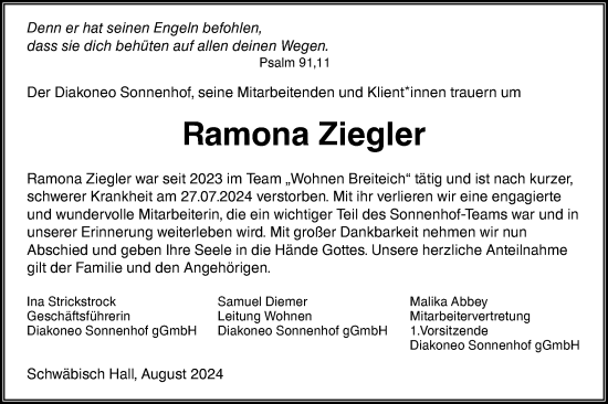 Traueranzeige von Ramona Ziegler von Haller Tagblatt