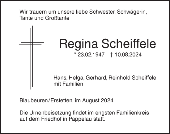 Traueranzeige von Regina Scheiffele von SÜDWEST PRESSE Ausgabe Ulm/Neu-Ulm