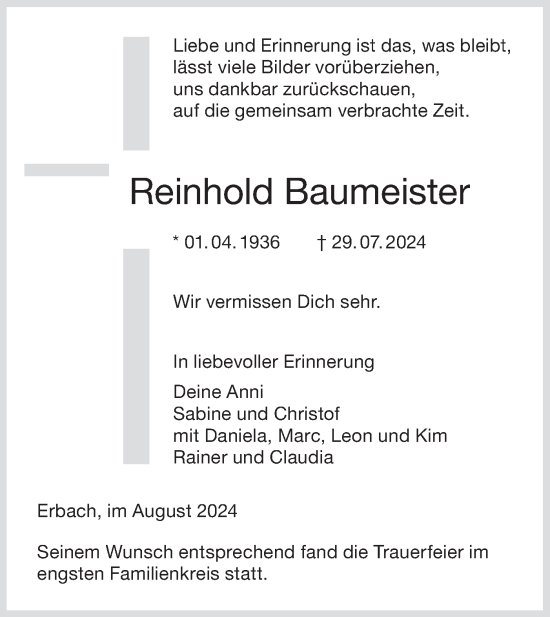 Traueranzeige von Reinhold Baumeister von SÜDWEST PRESSE Ausgabe Ulm/Neu-Ulm