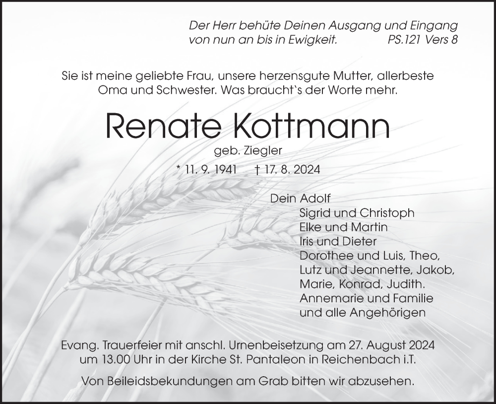  Traueranzeige für Renate Kottmann vom 23.08.2024 aus Geislinger Zeitung