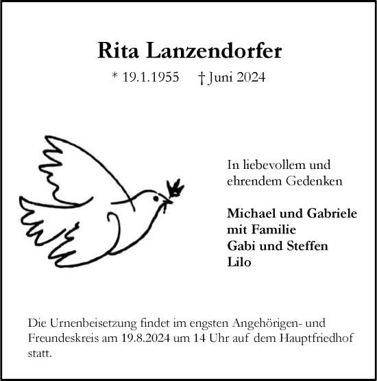 Traueranzeige von Rita Lanzendorfer von SÜDWEST PRESSE Ausgabe Ulm/Neu-Ulm